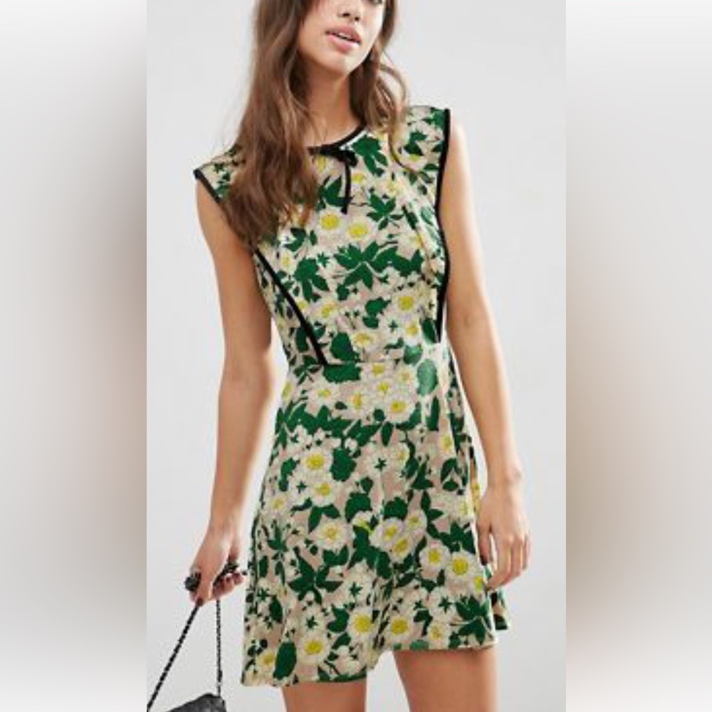 Green with black trim and bow floral dress